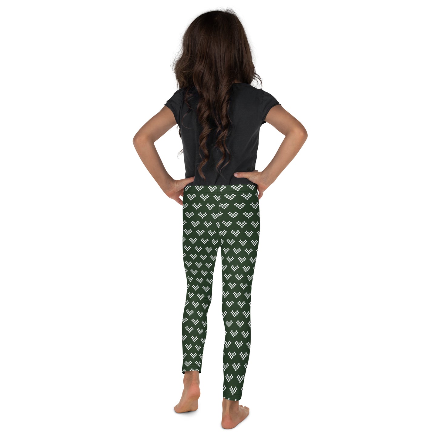 White Pixel Heart Kid's Leggings - Army Green