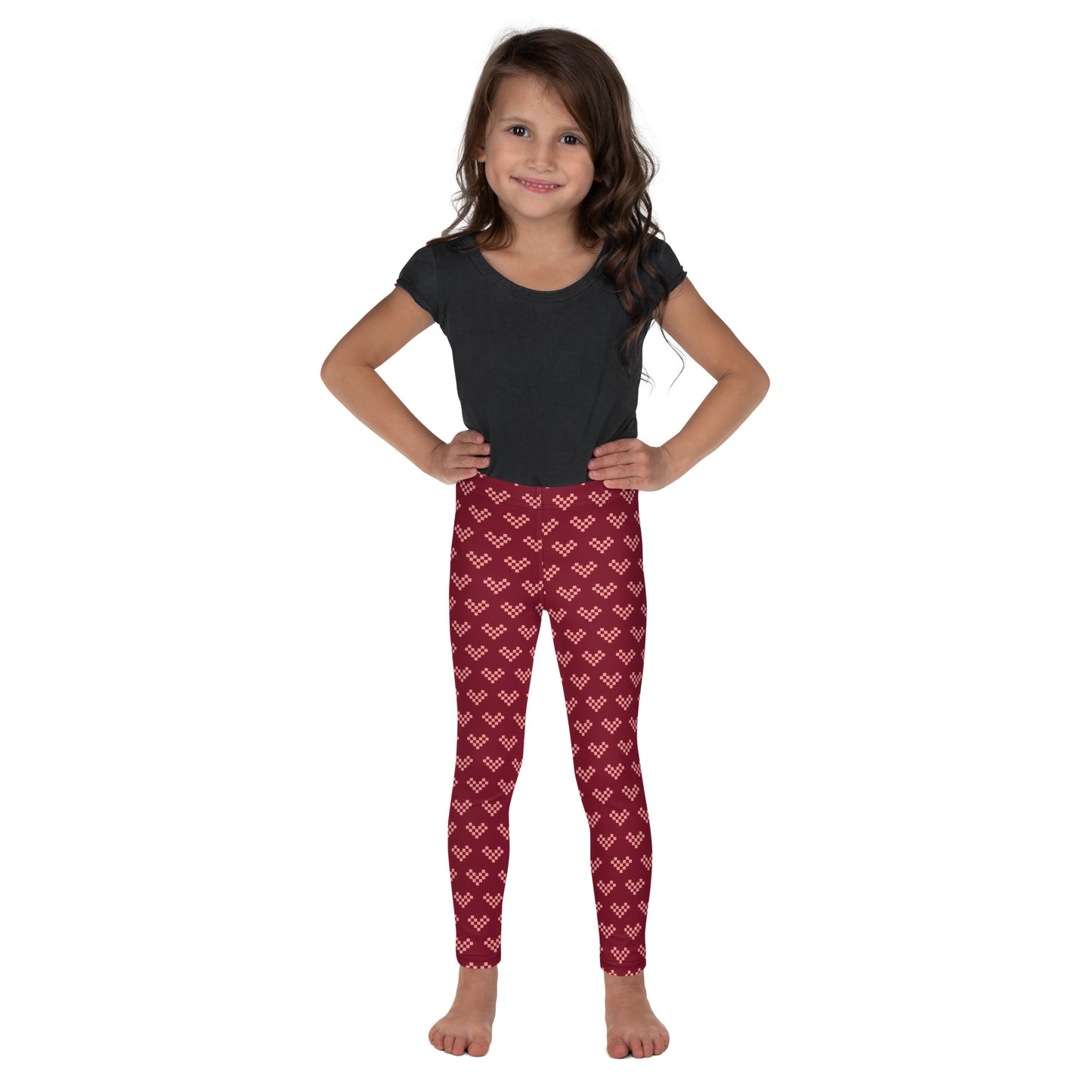 Pink Pixel Heart Kid's Leggings - Burgundy