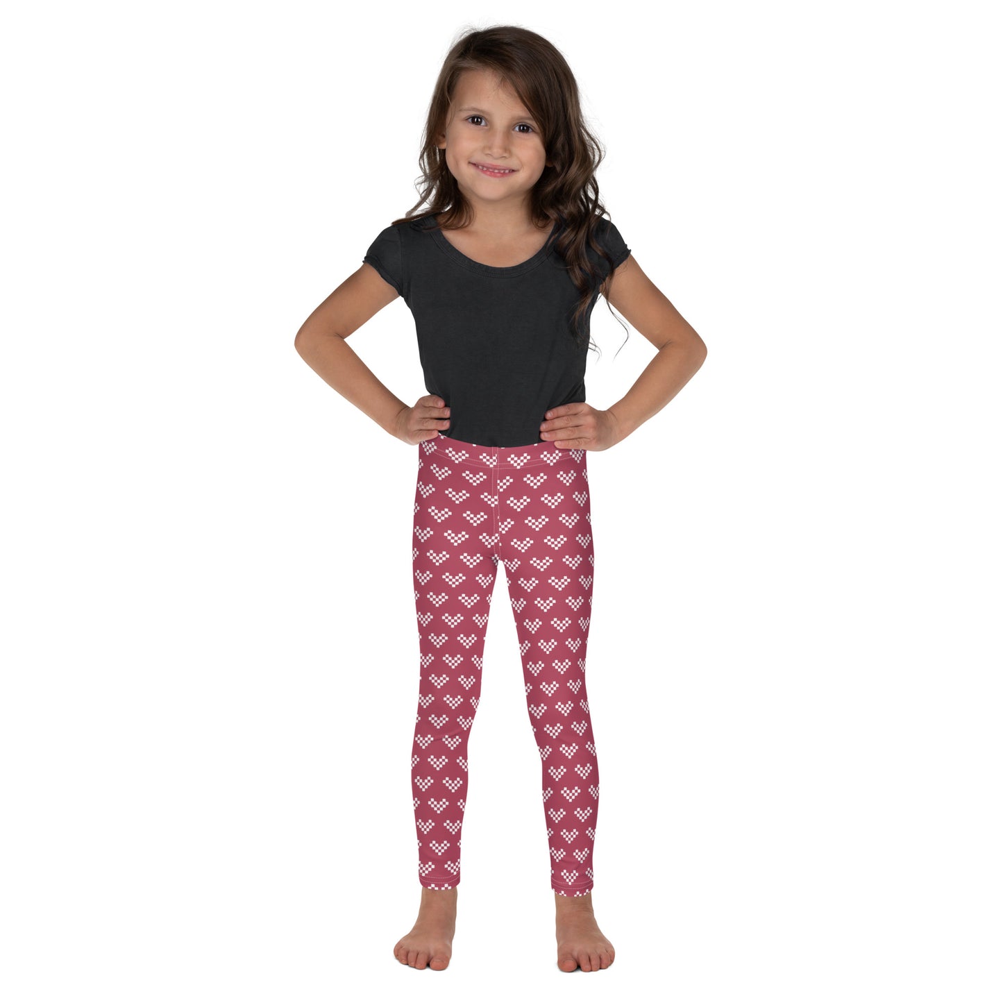 White Pixel Heart Kid's Leggings - Dusty Pink