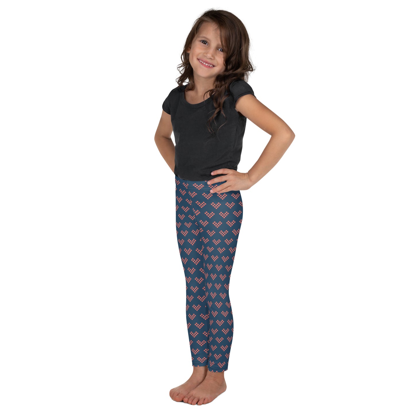 Pink Pixel Heart Kids Leggings - Blue