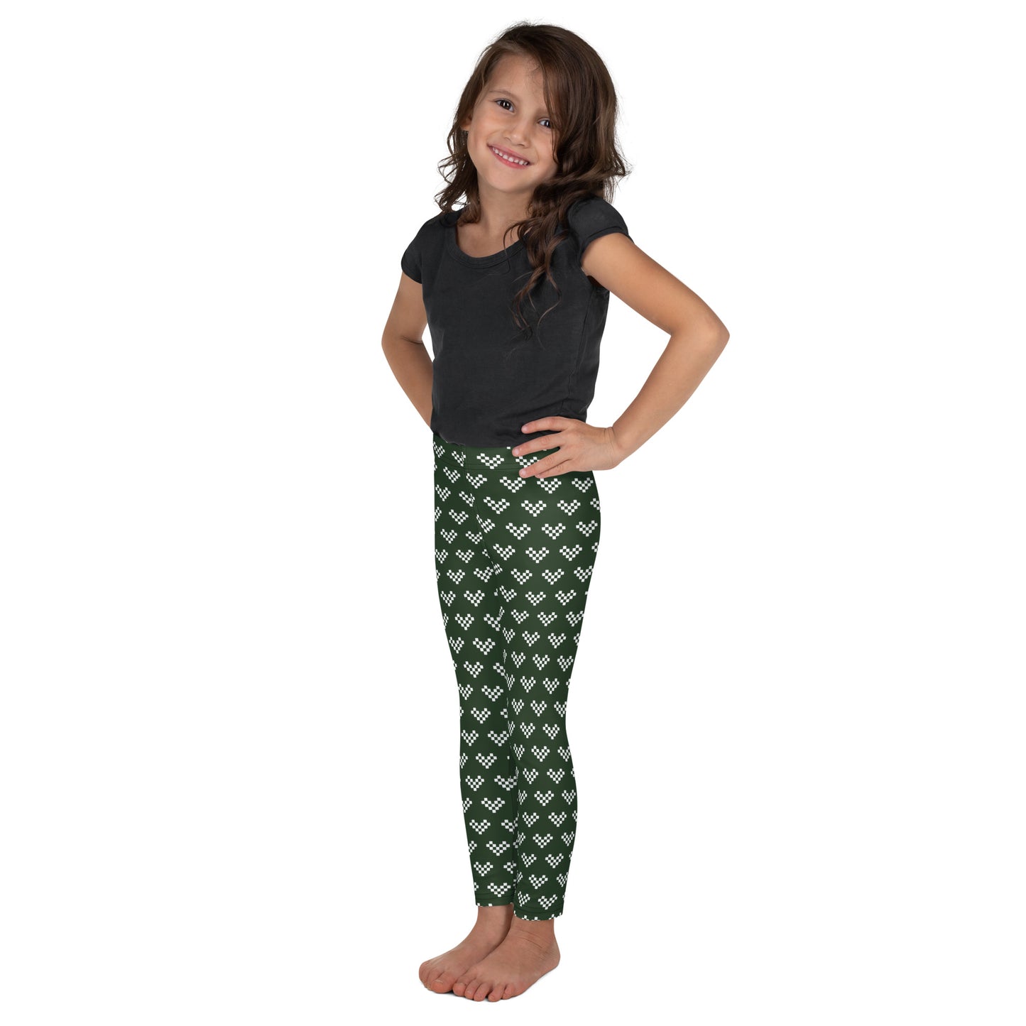 White Pixel Heart Kid's Leggings - Army Green