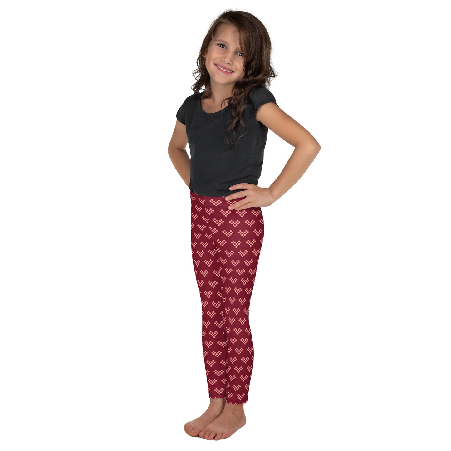 Pink Pixel Heart Kid's Leggings - Burgundy