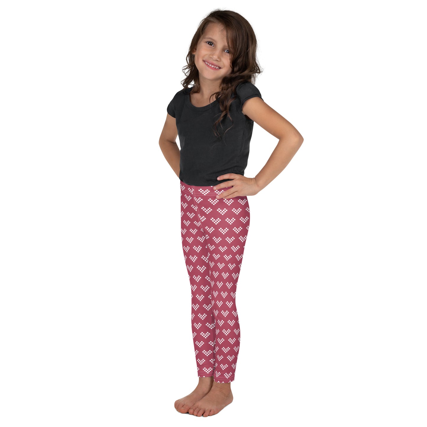 White Pixel Heart Kid's Leggings - Dusty Pink