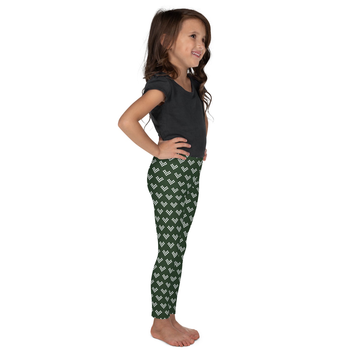 White Pixel Heart Kid's Leggings - Army Green