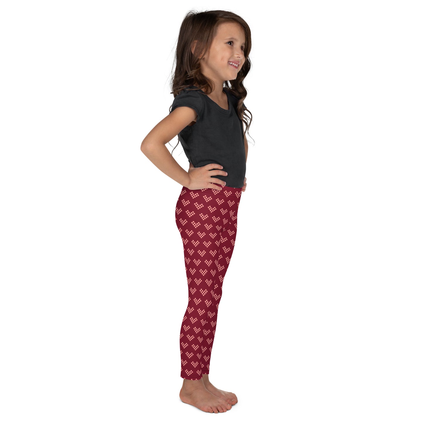 Pink Pixel Heart Kid's Leggings - Burgundy