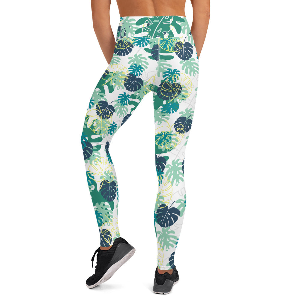 Mixed Leaves Yoga Leggings -  Blue and White