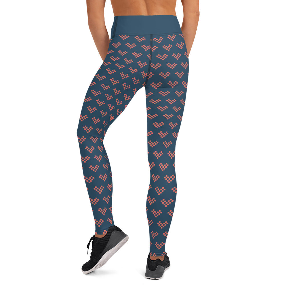 Pink Pixel Heart Yoga Leggings - Blue