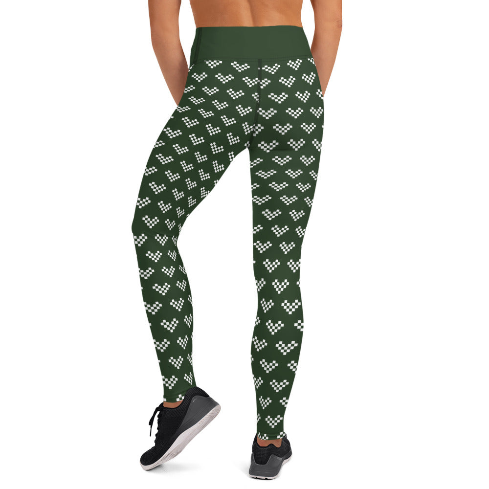 Pixel Heart White Yoga Leggings - Army Green