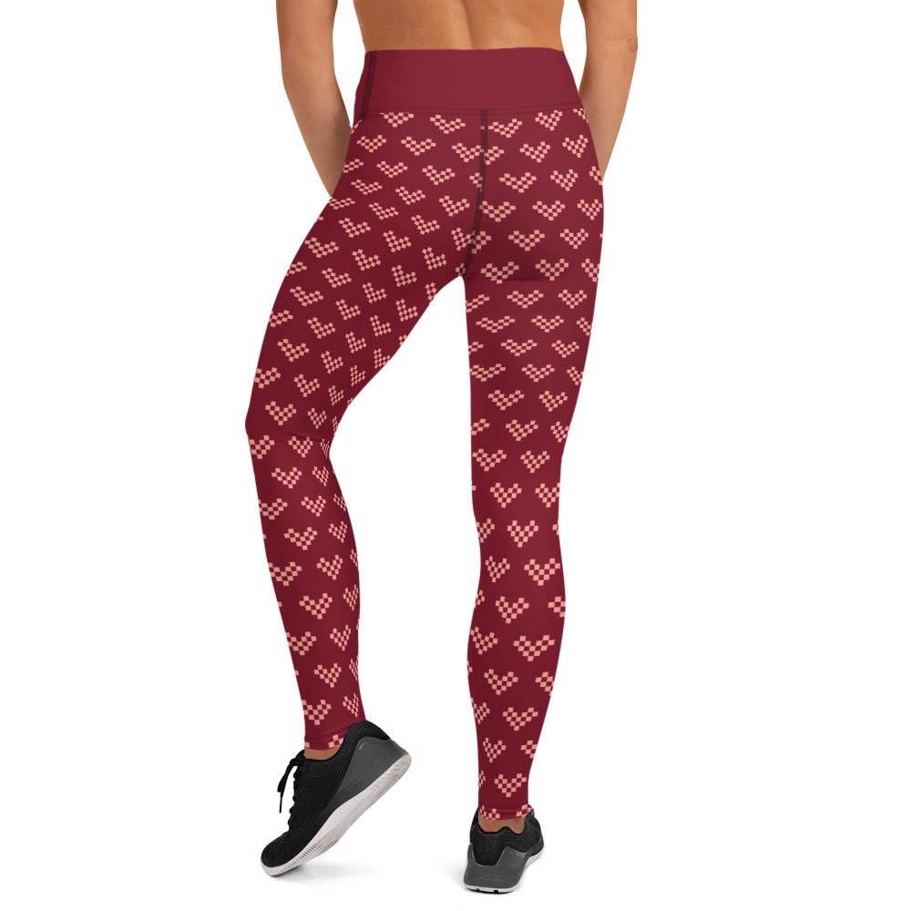 Pink Pixel Heart Yoga Leggings - Burgundy