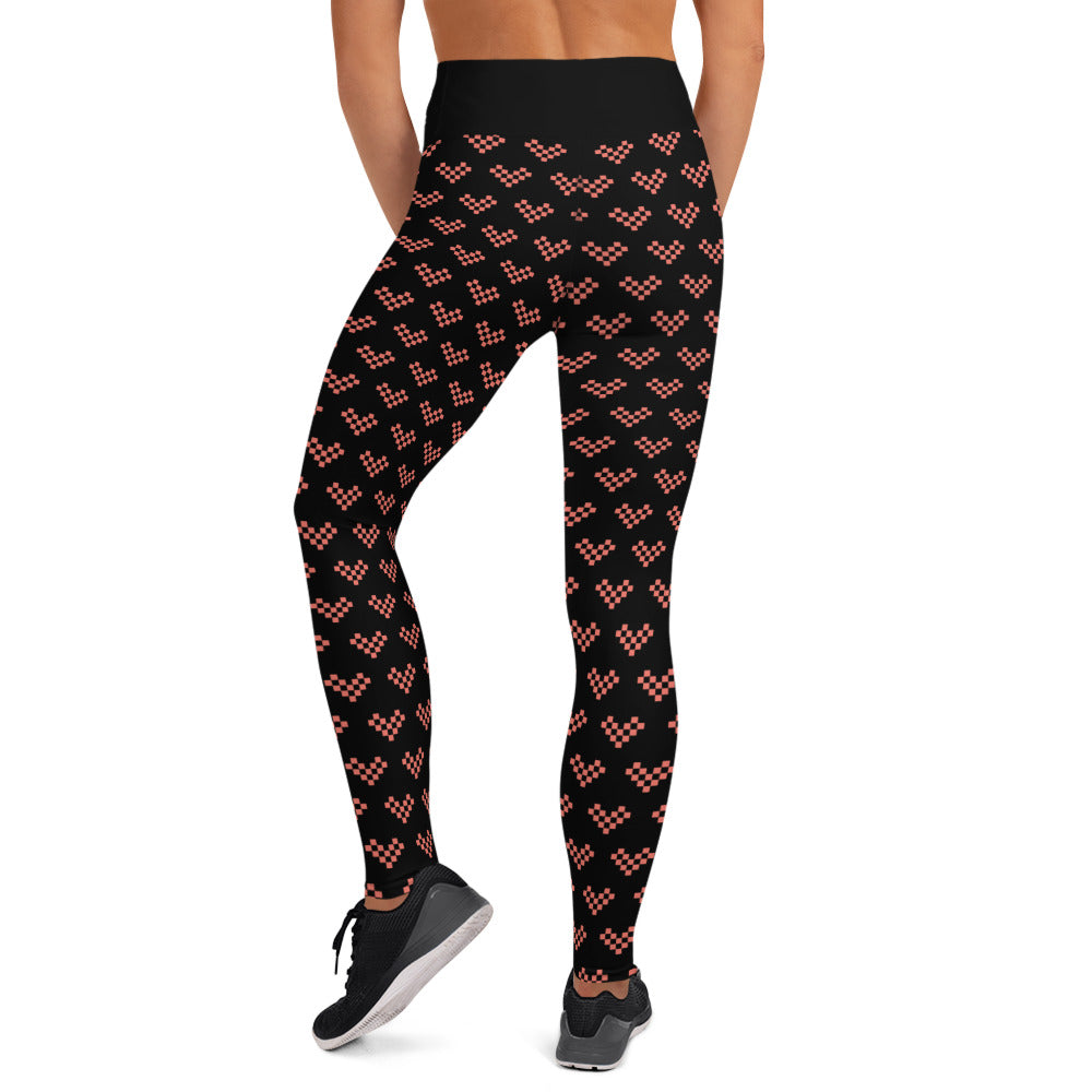 Pink Pixel Heart Yoga Leggings - Black