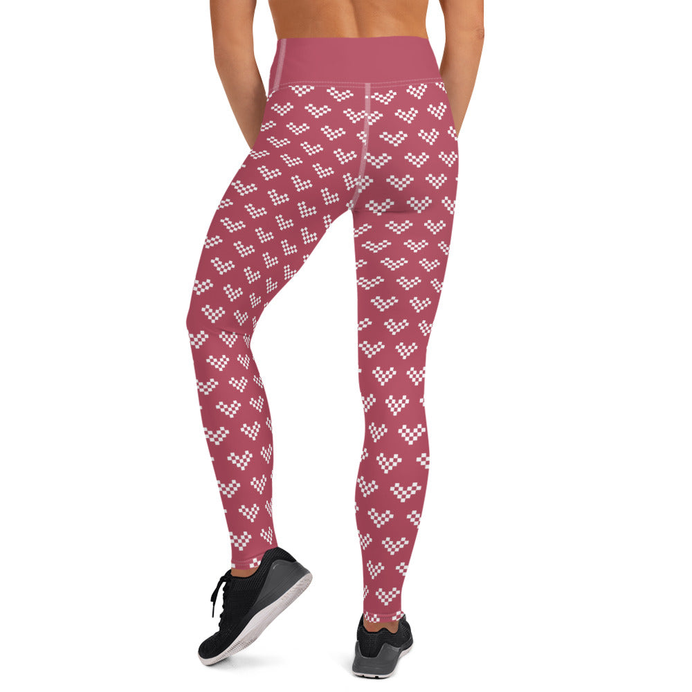 White Pixel Heart Yoga Leggings - Dusty Pink