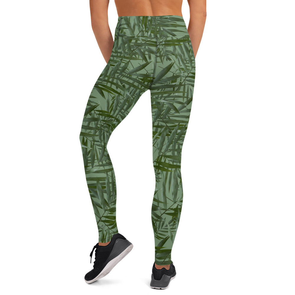 Scattered Leaves Yoga Leggings Printed Band - Green