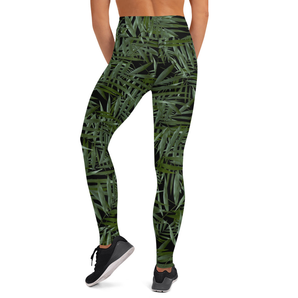 Scattered Leaves Yoga Leggings Printed Band - Black