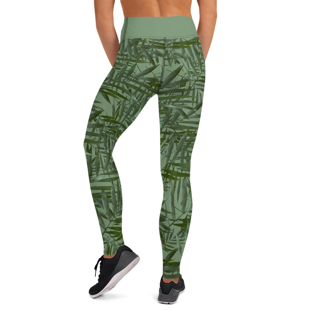 Scattered Leaves Yoga Leggings  With Band - Green