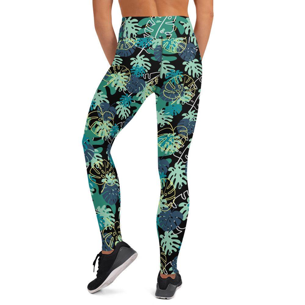 Mixed Leaves Yoga Leggings - Blue