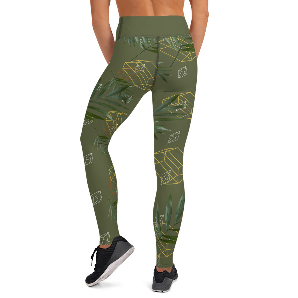 Geometric Leaves Yoga Leggings - Green