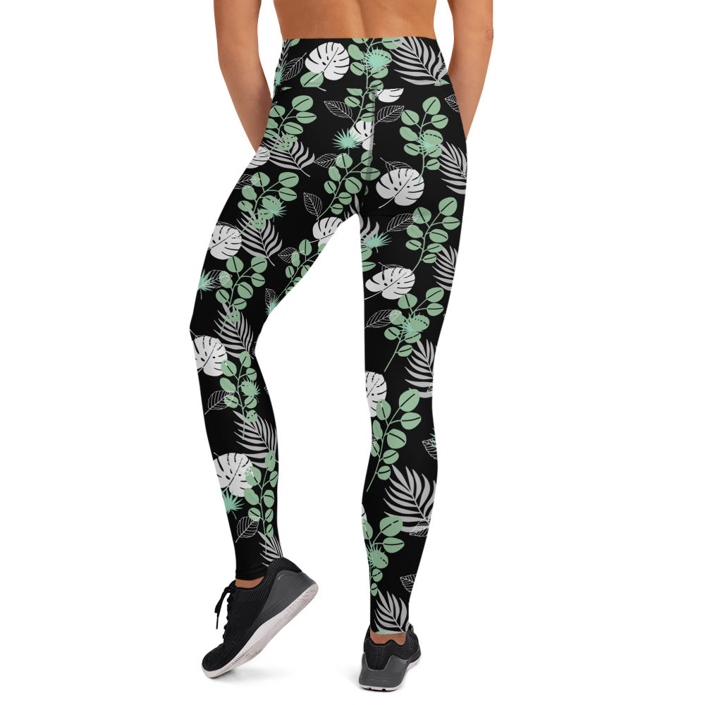 Leaf Mix Yoga Leggings - Black