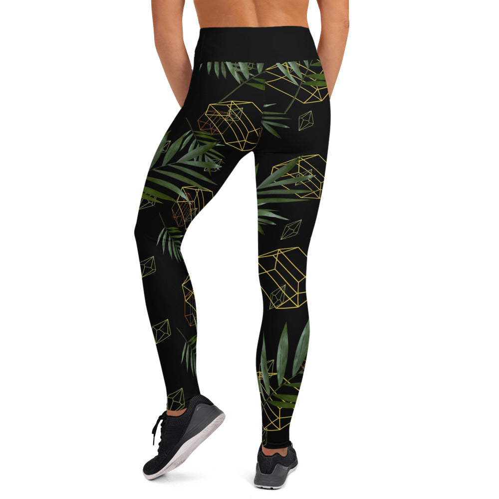 Geometric Leaves Yoga Leggings - Black