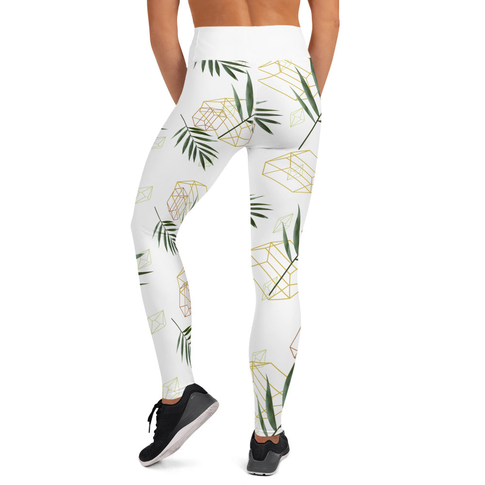 Geometric Leaves Yoga Leggings - White