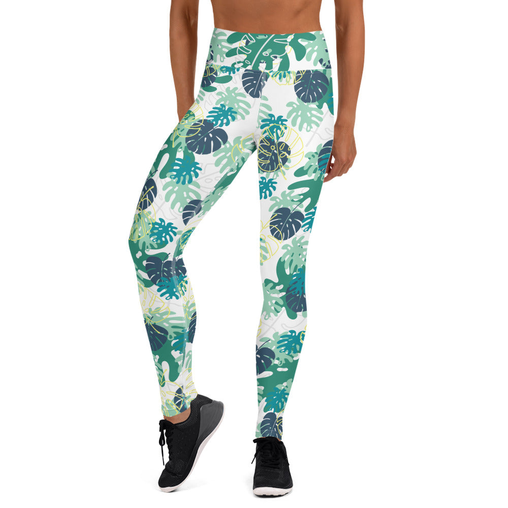 Mixed Leaves Yoga Leggings -  Blue and White