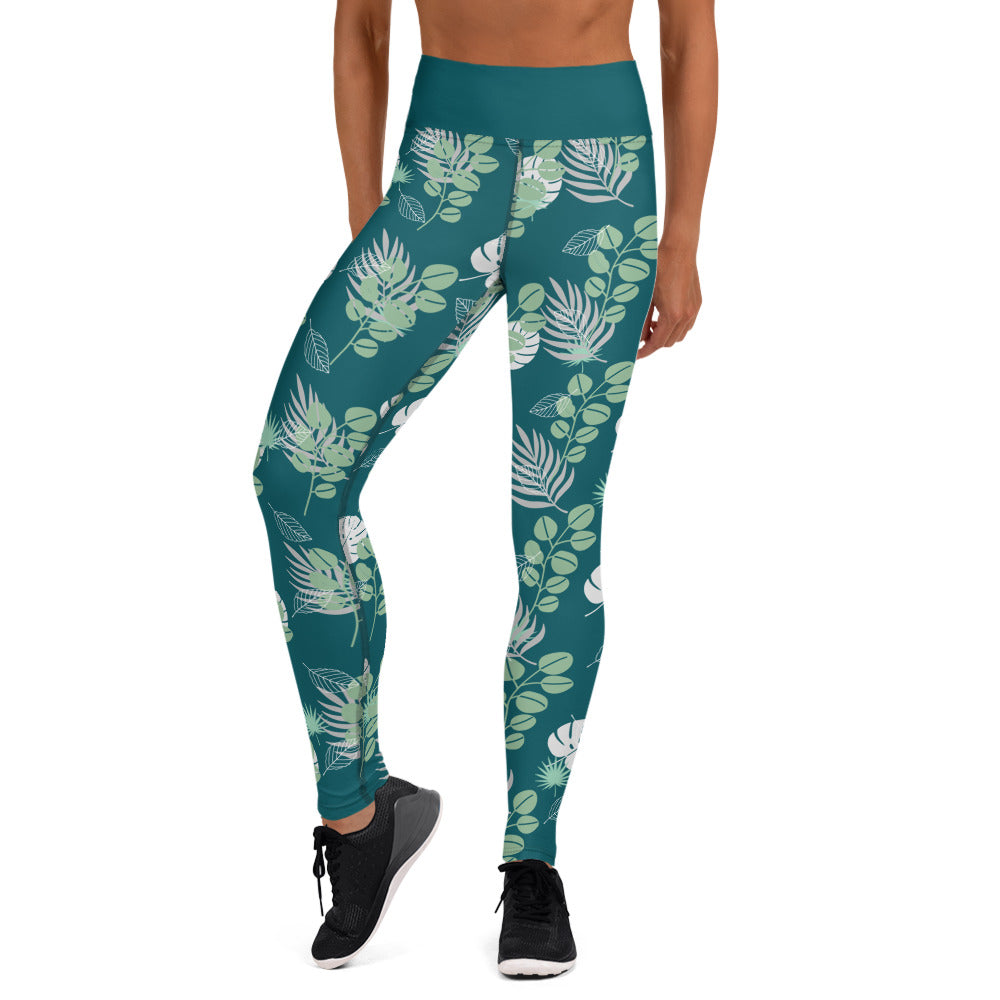 Leaf Mix Yoga Leggings - Blue