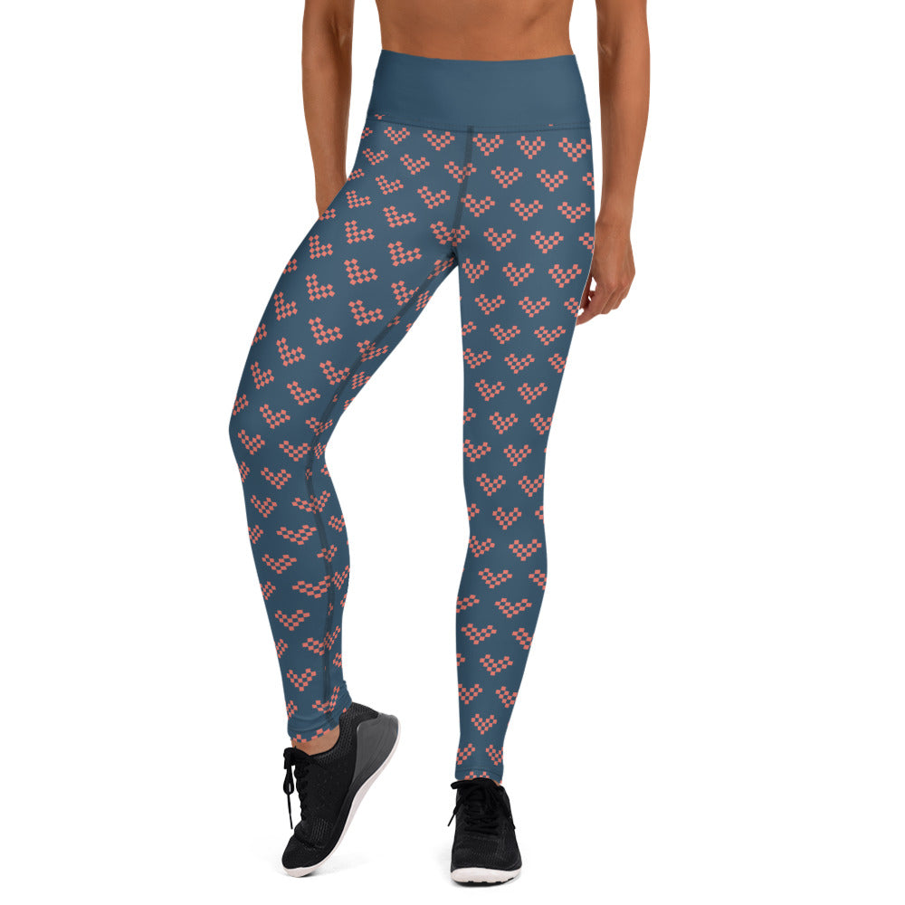 Pink Pixel Heart Yoga Leggings - Blue