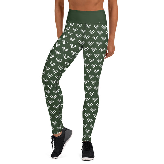 Pixel Heart White Yoga Leggings - Army Green