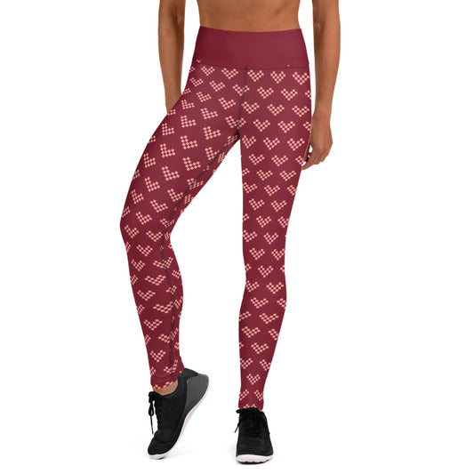 Pink Pixel Heart Yoga Leggings - Burgundy