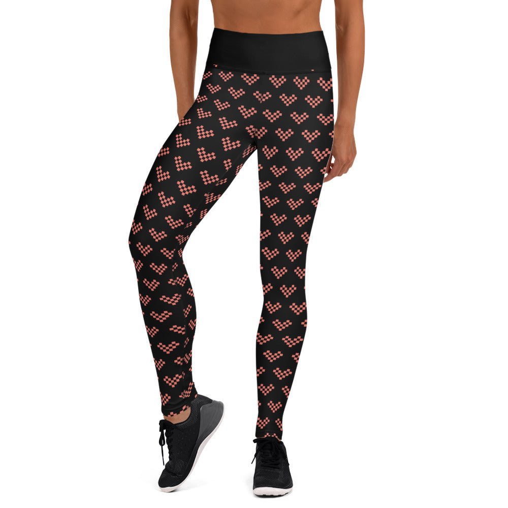 Pink Pixel Heart Yoga Leggings - Black