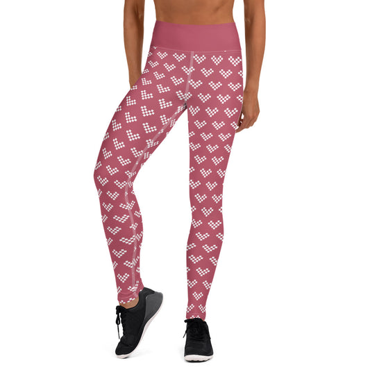 White Pixel Heart Yoga Leggings - Dusty Pink