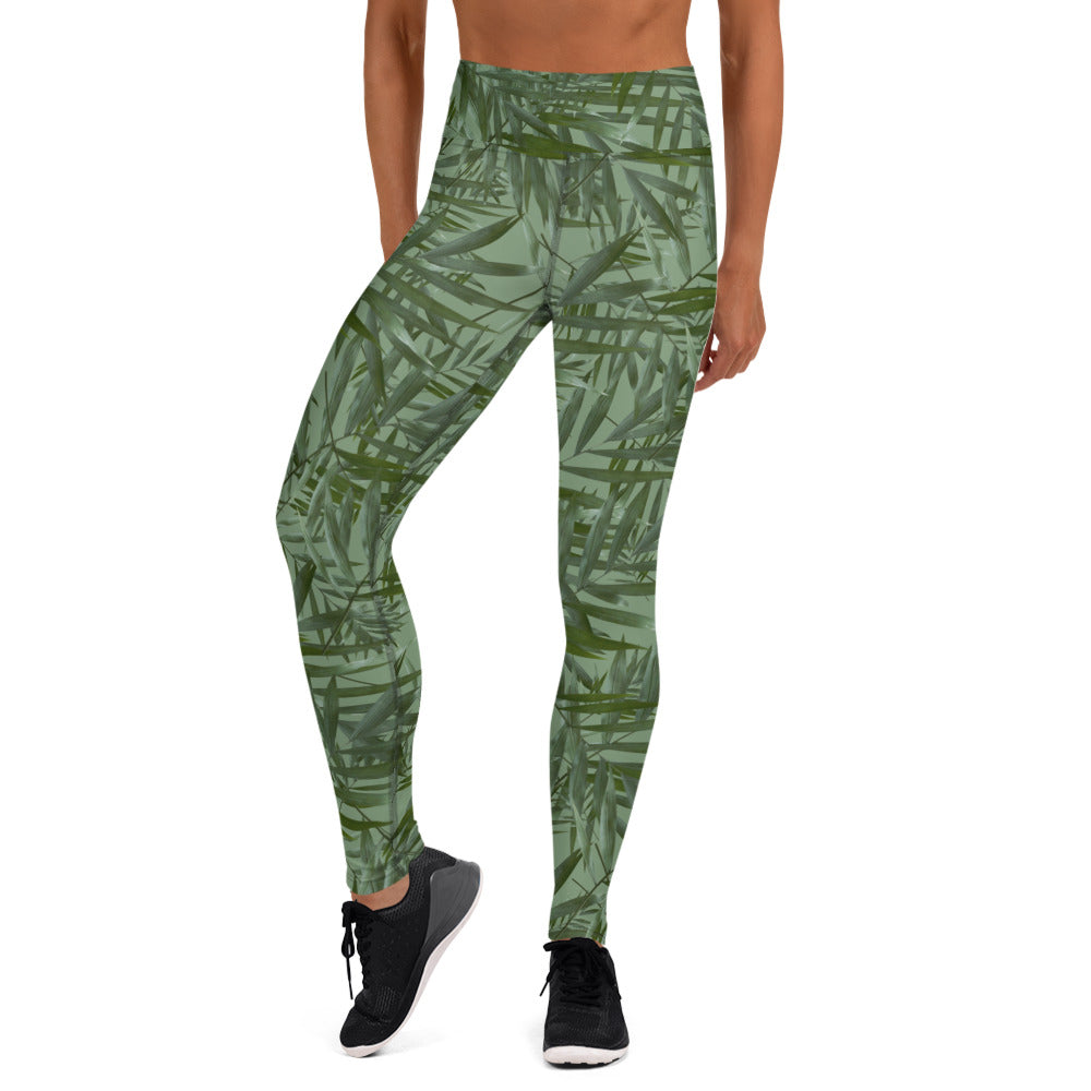 Scattered Leaves Yoga Leggings Printed Band - Green