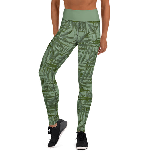 Scattered Leaves Yoga Leggings  With Band - Green