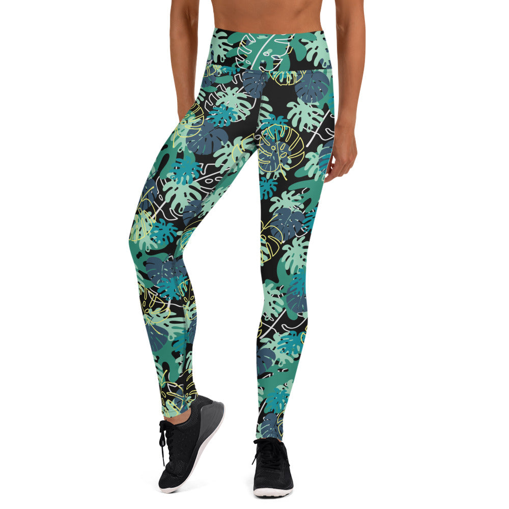 Mixed Leaves Yoga Leggings - Blue