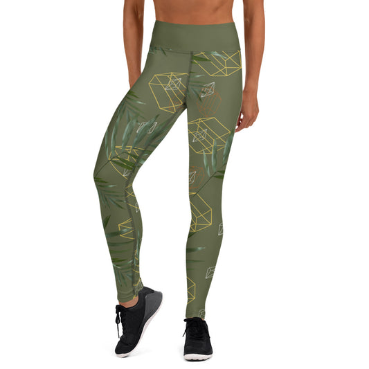 Geometric Leaves Yoga Leggings - Green