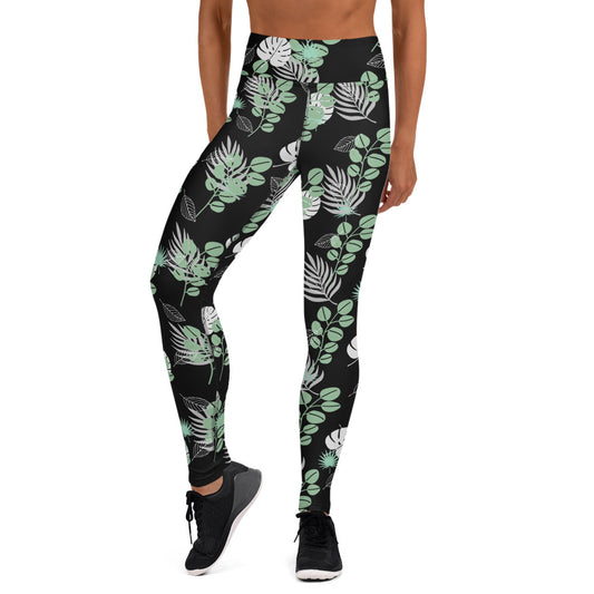 Leaf Mix Yoga Leggings - Black