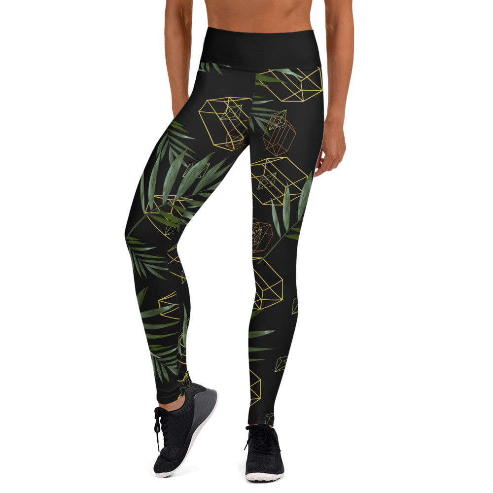 Geometric Leaves Yoga Leggings - Black