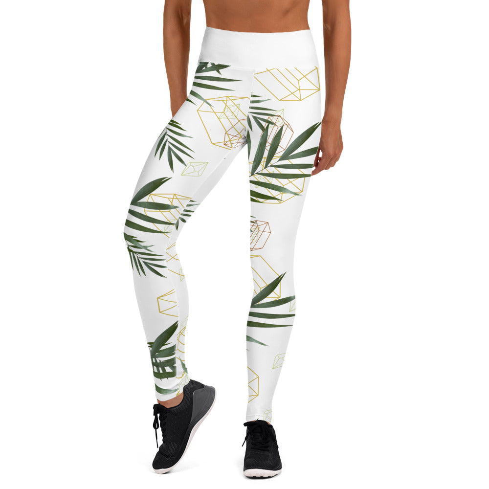 Geometric Leaves Yoga Leggings - White