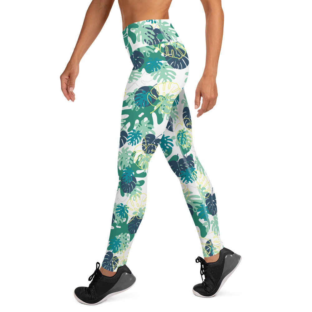 Mixed Leaves Yoga Leggings -  Blue and White