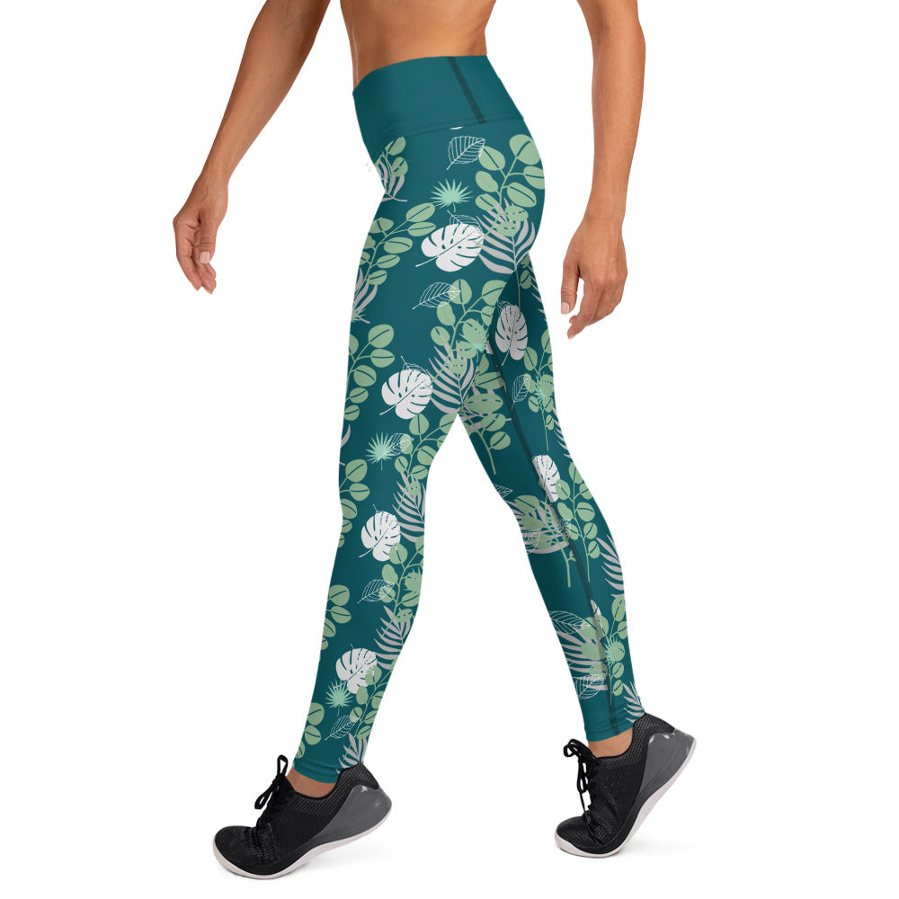 Leaf Mix Yoga Leggings - Blue