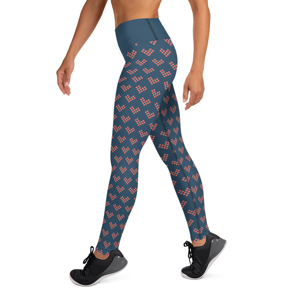 Pink Pixel Heart Yoga Leggings - Blue