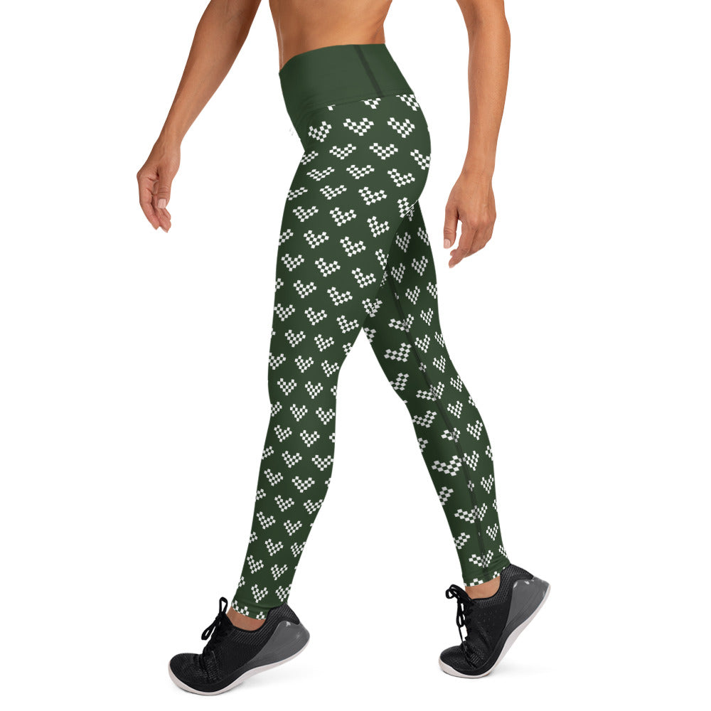 Pixel Heart White Yoga Leggings - Army Green