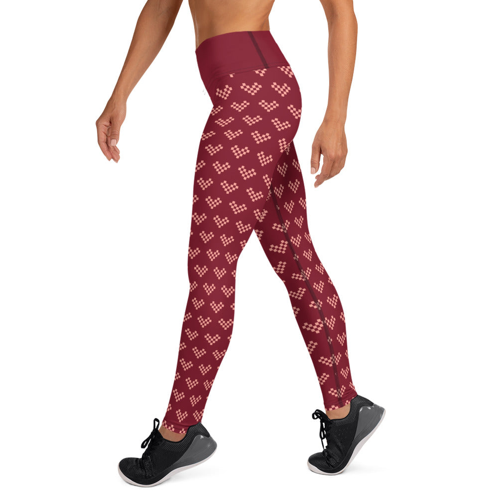 Pink Pixel Heart Yoga Leggings - Burgundy