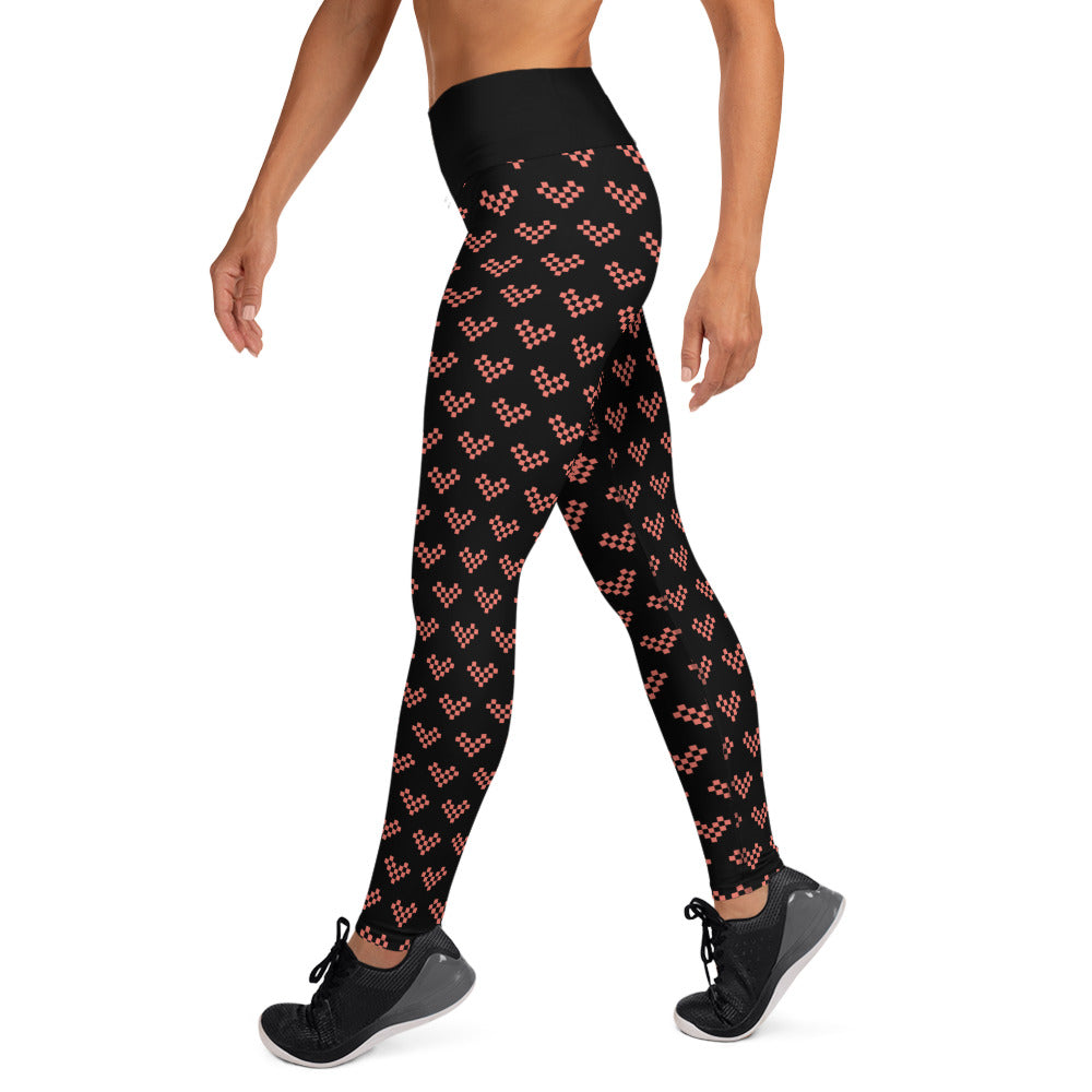 Pink Pixel Heart Yoga Leggings - Black