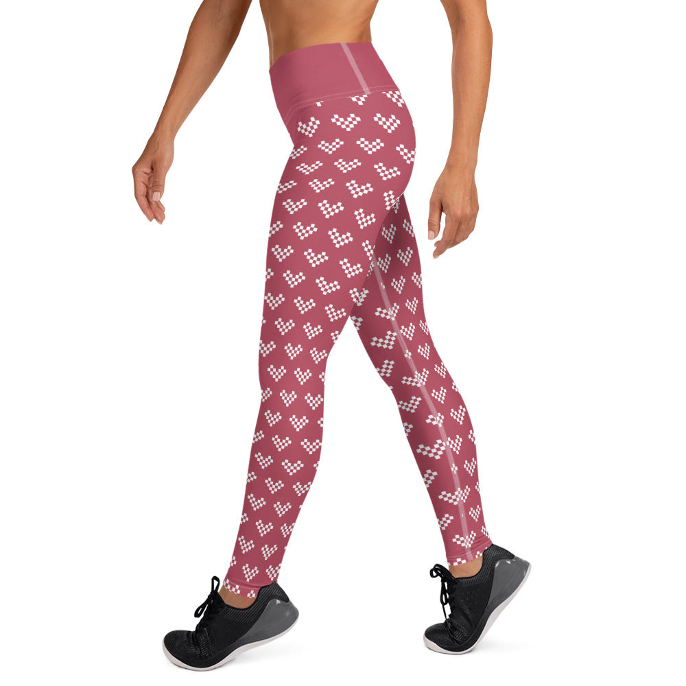 White Pixel Heart Yoga Leggings - Dusty Pink