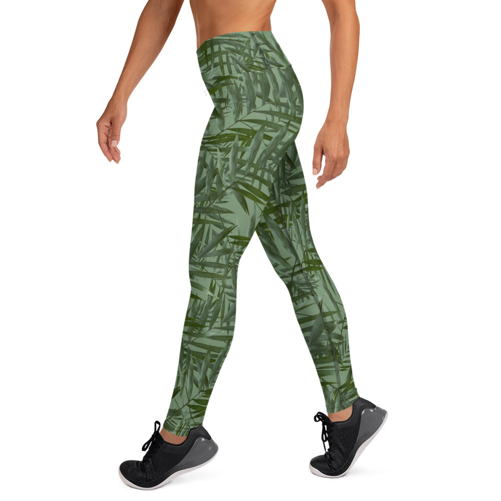 Scattered Leaves Yoga Leggings Printed Band - Green