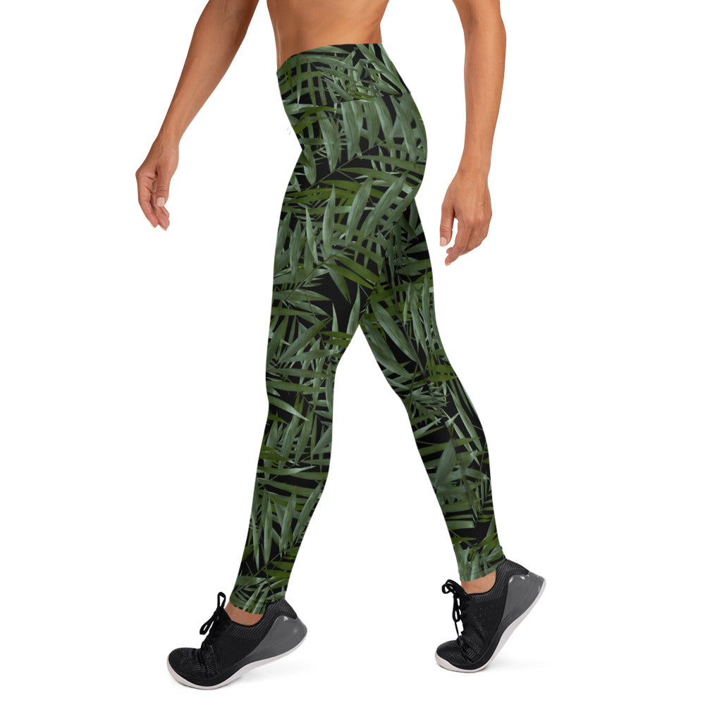 Scattered Leaves Yoga Leggings Printed Band - Black