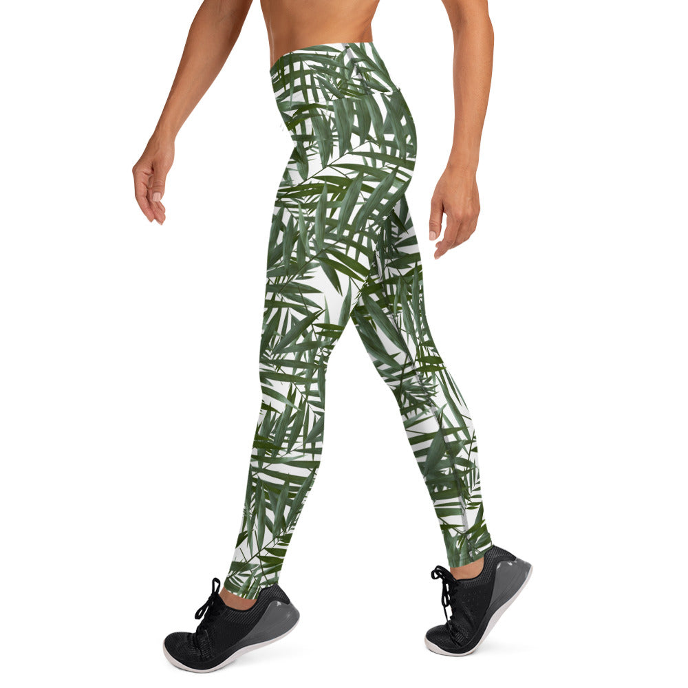 Scattered Leaves Yoga Leggings With Band - Black