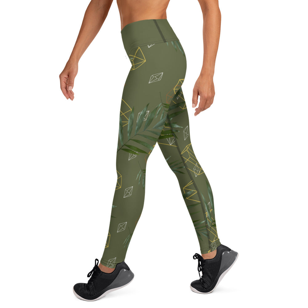 Geometric Leaves Yoga Leggings - Green