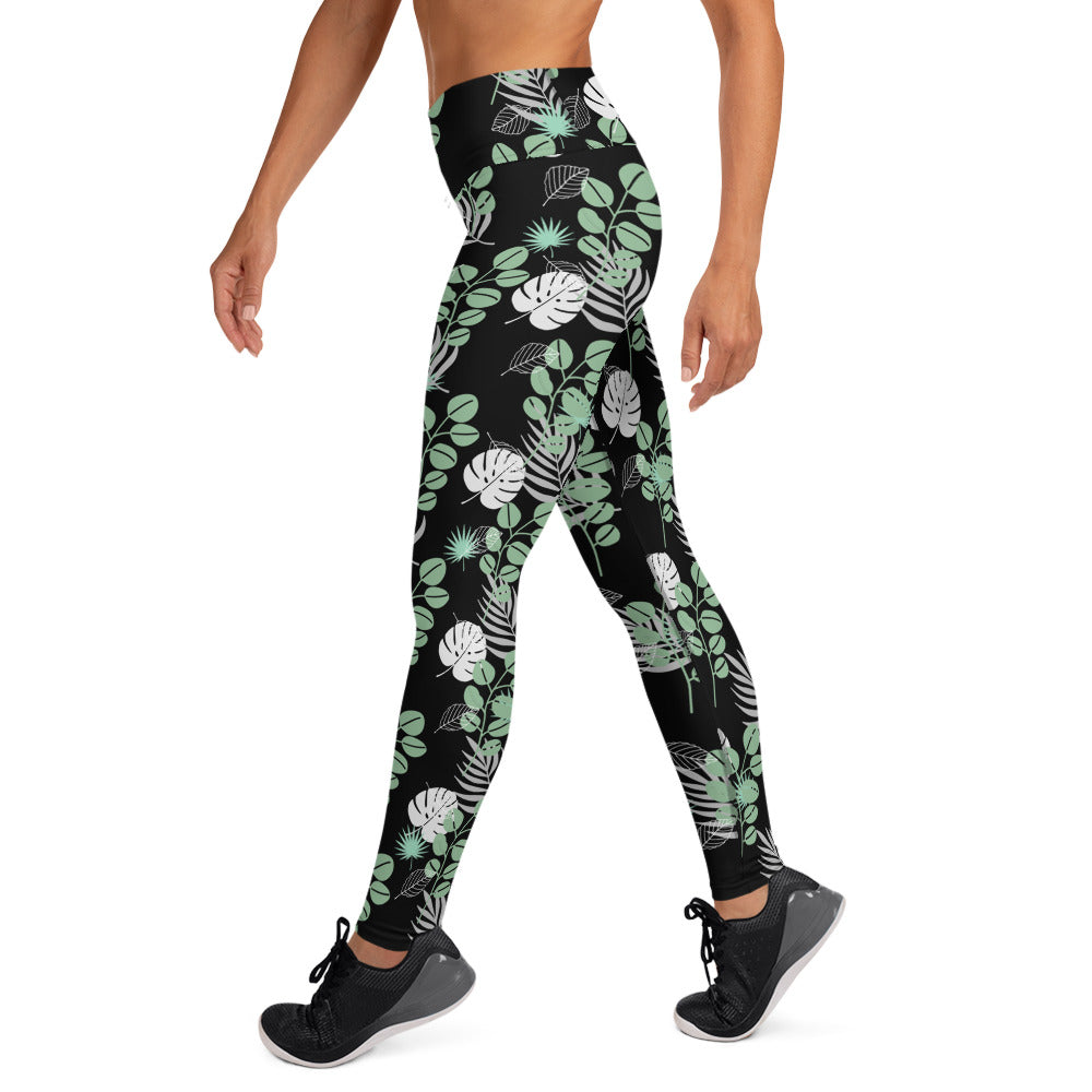 Leaf Mix Yoga Leggings - Black