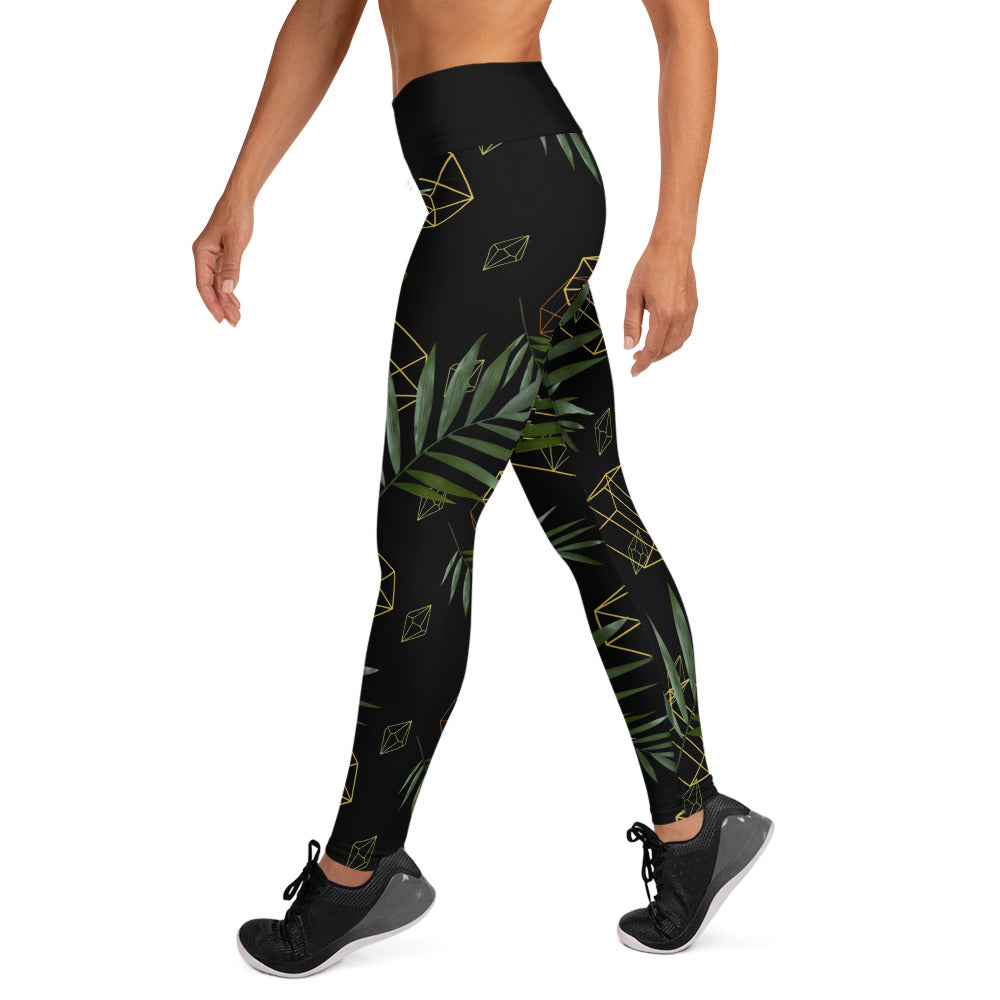 Geometric Leaves Yoga Leggings - Black